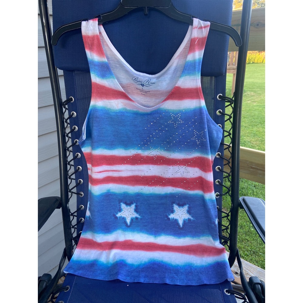 Prairie Rose Women L Red White Blue Tie Dye Rhinestone Tank USA July Patriotic